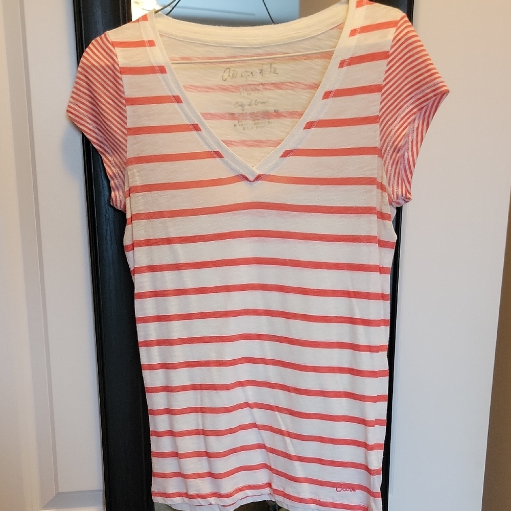 Aeropostale Women's Salmon and White Striped V-Neck Tee